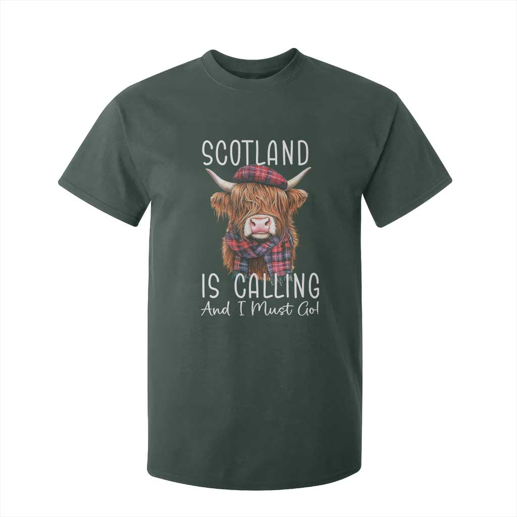 Funny Scotland Is Calling And I Must Go T Shirt For Kid Highland Cow TS11 Dark Forest Green Print Your Wear