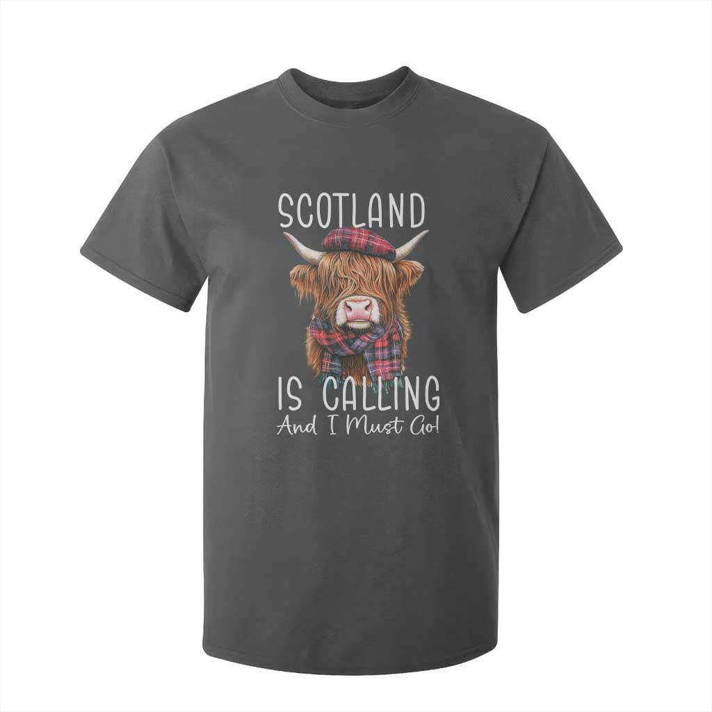Funny Scotland Is Calling And I Must Go T Shirt For Kid Highland Cow TS11 Dark Heather Print Your Wear