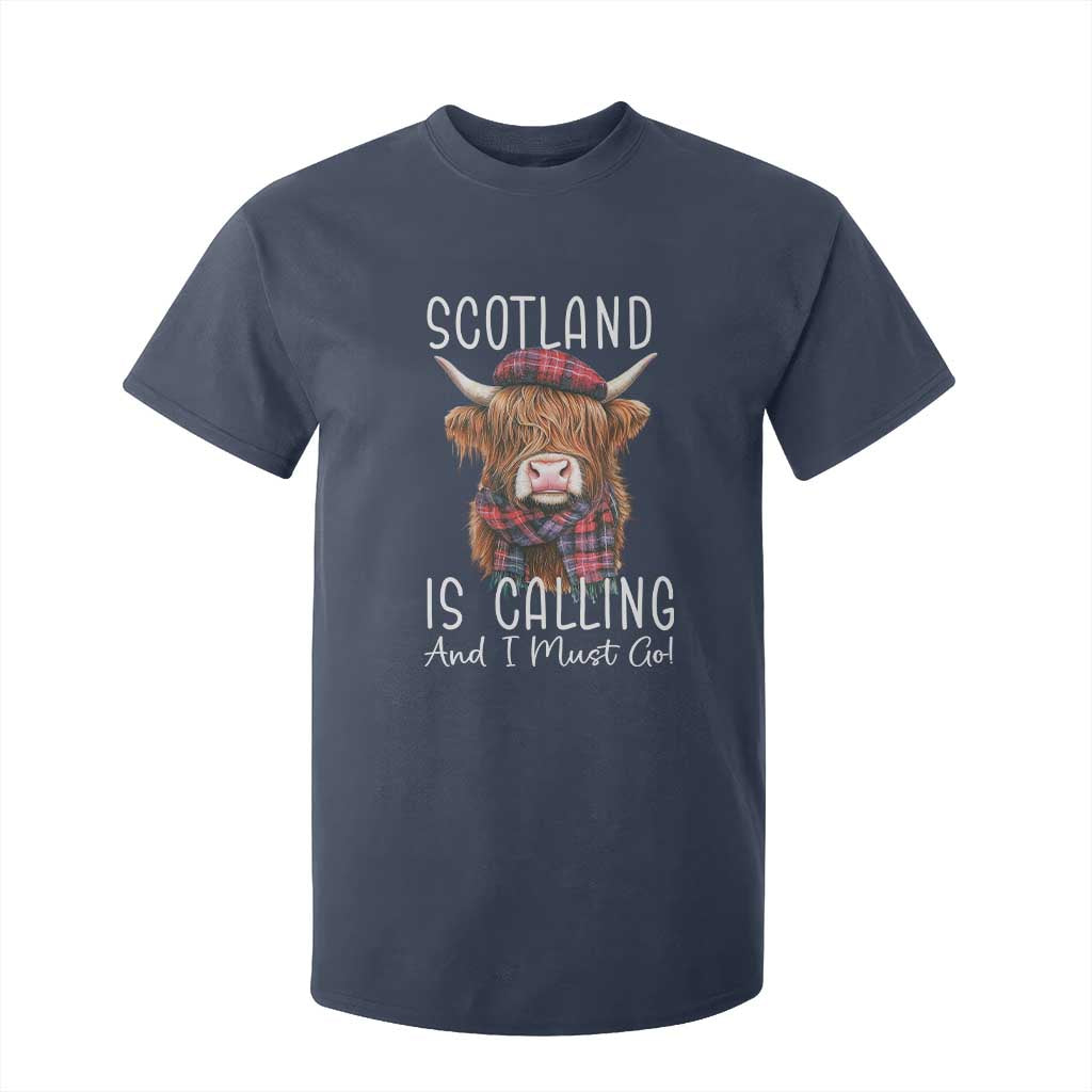 Funny Scotland Is Calling And I Must Go T Shirt For Kid Highland Cow TS11 Navy Print Your Wear