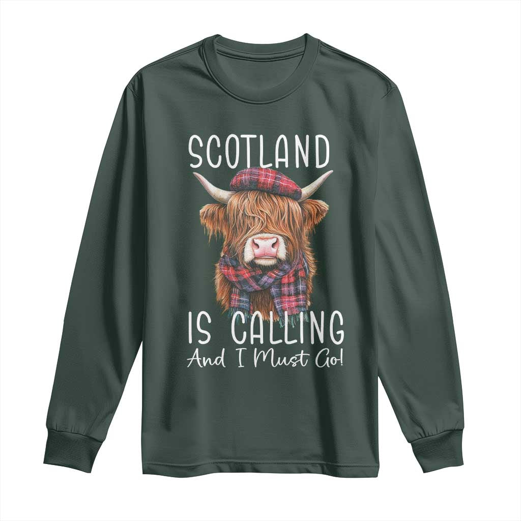 Funny Scotland Is Calling And I Must Go Long Sleeve Shirt Highland Cow TS11 Dark Forest Green Print Your Wear