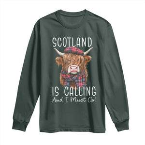 Funny Scotland Is Calling And I Must Go Long Sleeve Shirt Highland Cow TS11 Dark Forest Green Print Your Wear