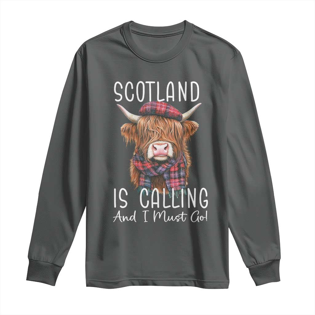 Funny Scotland Is Calling And I Must Go Long Sleeve Shirt Highland Cow TS11 Dark Heather Print Your Wear