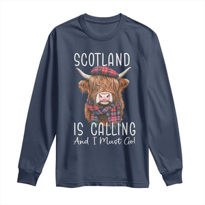 Funny Scotland Is Calling And I Must Go Long Sleeve Shirt Highland Cow TS11 Navy Print Your Wear