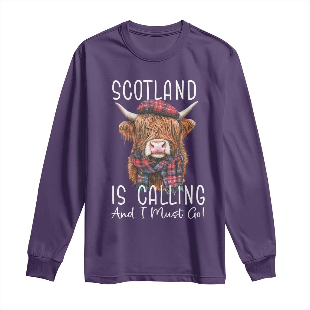 Funny Scotland Is Calling And I Must Go Long Sleeve Shirt Highland Cow TS11 Purple Print Your Wear