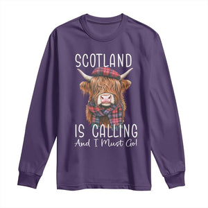 Funny Scotland Is Calling And I Must Go Long Sleeve Shirt Highland Cow TS11 Purple Print Your Wear