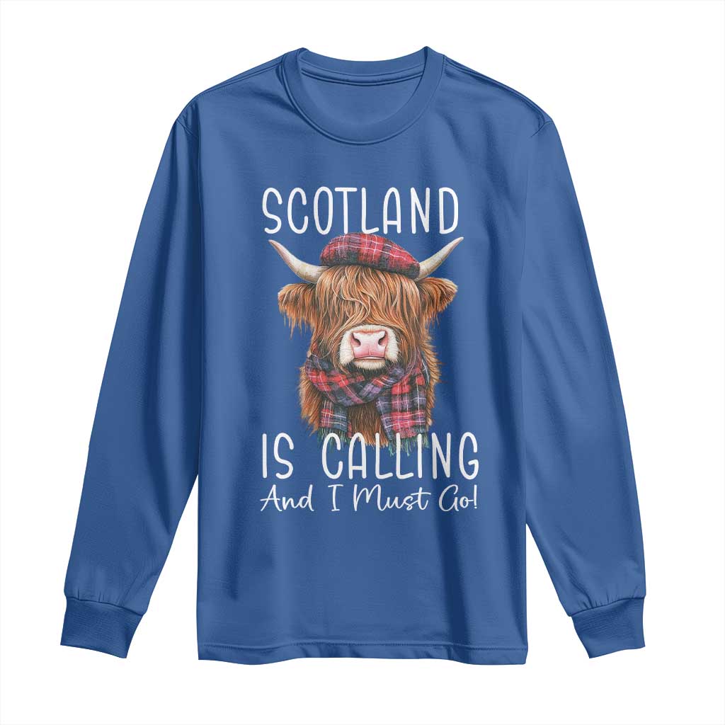 Funny Scotland Is Calling And I Must Go Long Sleeve Shirt Highland Cow TS11 Royal Blue Print Your Wear