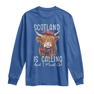 Funny Scotland Is Calling And I Must Go Long Sleeve Shirt Highland Cow TS11 Royal Blue Print Your Wear