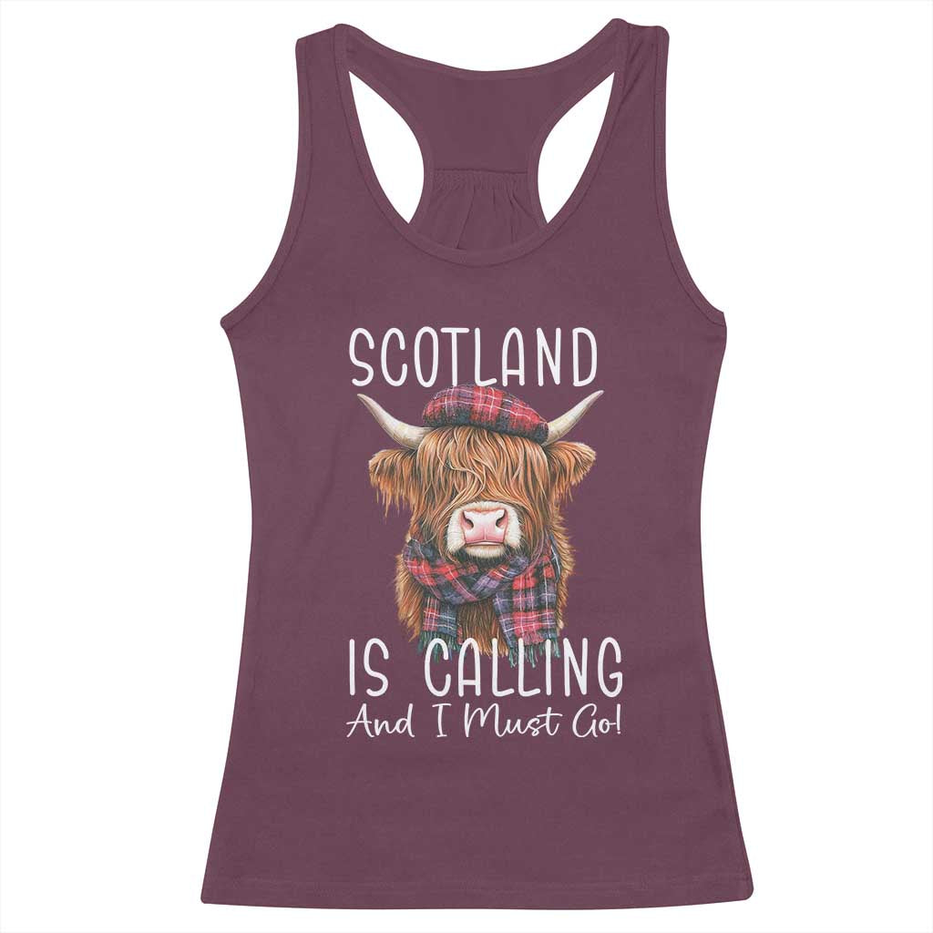 Funny Scotland Is Calling And I Must Go Racerback Tank Top Highland Cow TS11 Maroon Print Your Wear