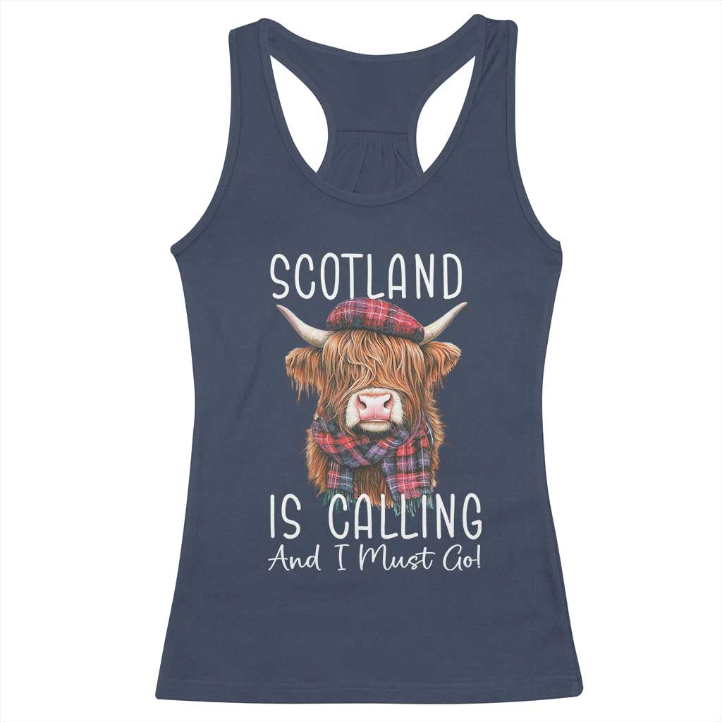 Funny Scotland Is Calling And I Must Go Racerback Tank Top Highland Cow TS11 Navy Print Your Wear
