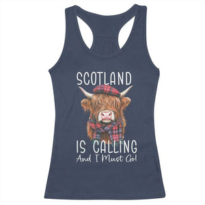 Funny Scotland Is Calling And I Must Go Racerback Tank Top Highland Cow TS11 Navy Print Your Wear