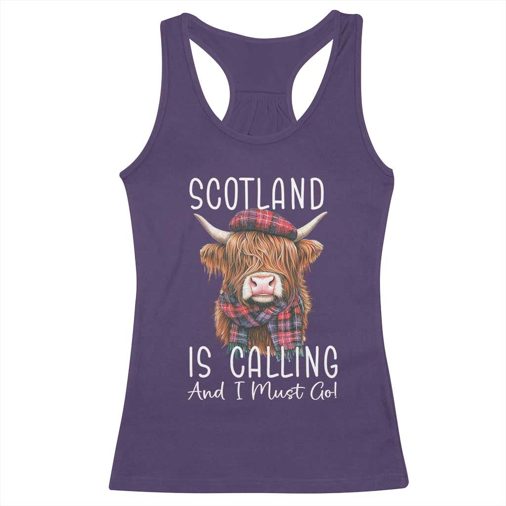 Funny Scotland Is Calling And I Must Go Racerback Tank Top Highland Cow TS11 Purple Print Your Wear
