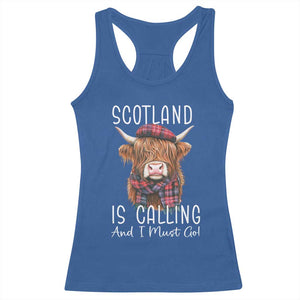 Funny Scotland Is Calling And I Must Go Racerback Tank Top Highland Cow TS11 Royal Blue Print Your Wear