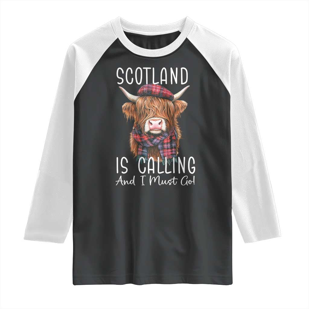 Funny Scotland Is Calling And I Must Go Raglan Shirt Highland Cow TS11 Black White Print Your Wear