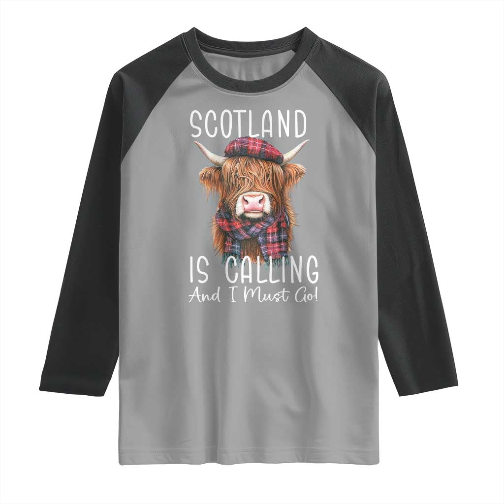 Funny Scotland Is Calling And I Must Go Raglan Shirt Highland Cow TS11 Sport Gray Black Print Your Wear