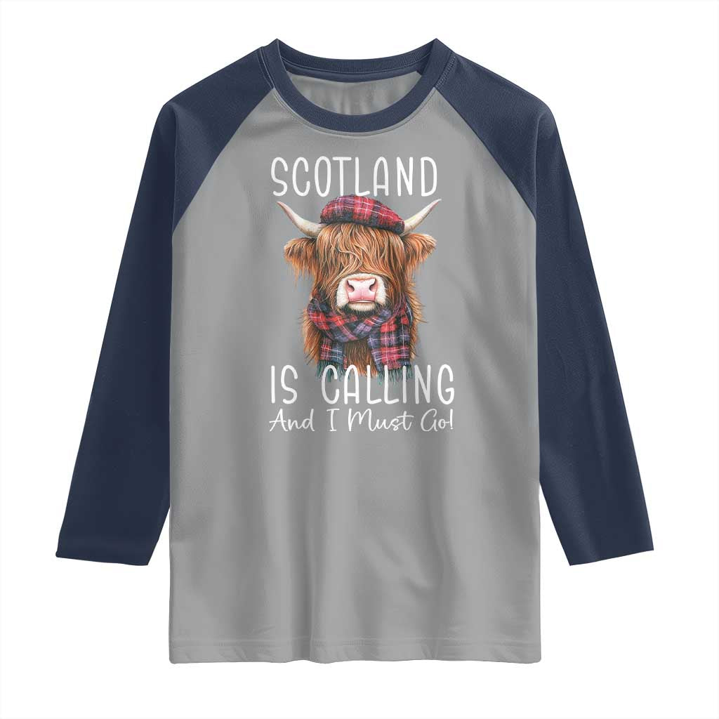Funny Scotland Is Calling And I Must Go Raglan Shirt Highland Cow TS11 Sport Gray Navy Print Your Wear