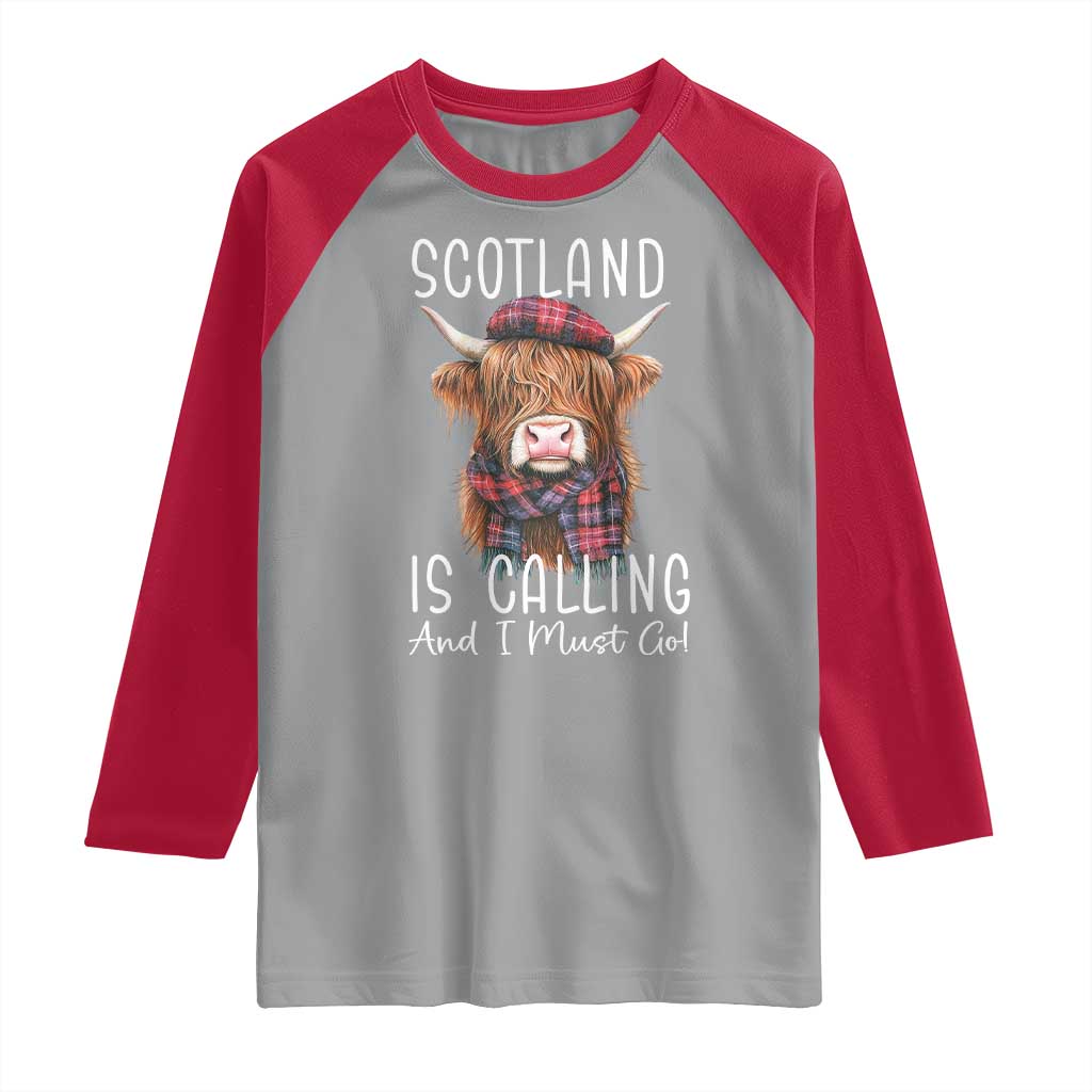 Funny Scotland Is Calling And I Must Go Raglan Shirt Highland Cow TS11 Sport Gray Red Print Your Wear