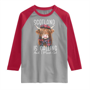 Funny Scotland Is Calling And I Must Go Raglan Shirt Highland Cow TS11 Sport Gray Red Print Your Wear