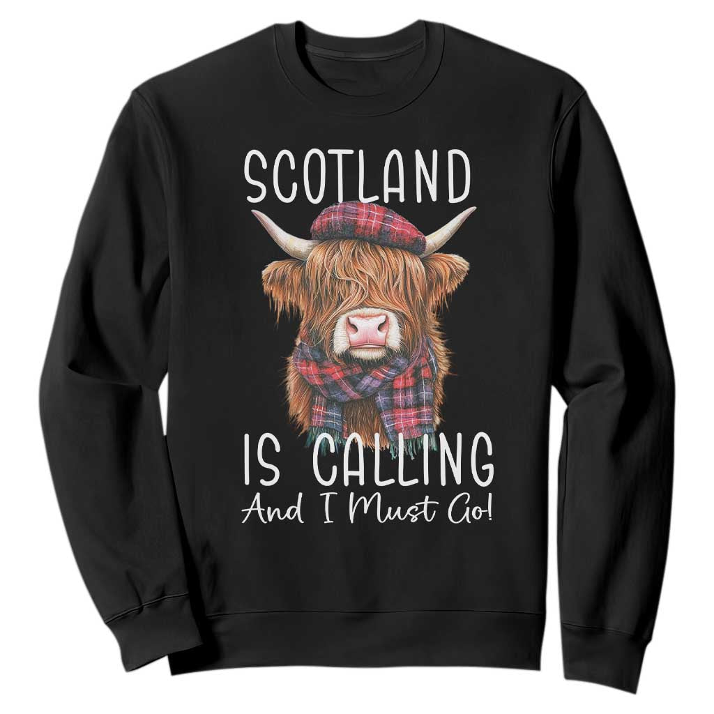 Funny Scotland Is Calling And I Must Go Sweatshirt Highland Cow TS11 Black Print Your Wear