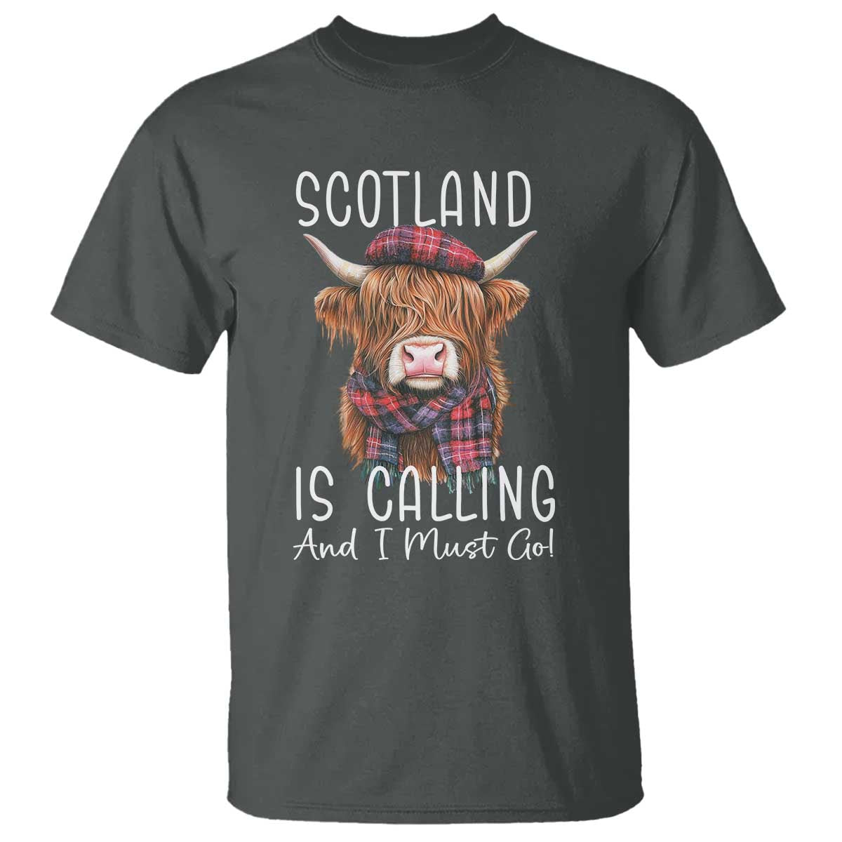 Funny Scotland Is Calling And I Must Go T Shirt Highland Cow TS11 Dark Heather Print Your Wear