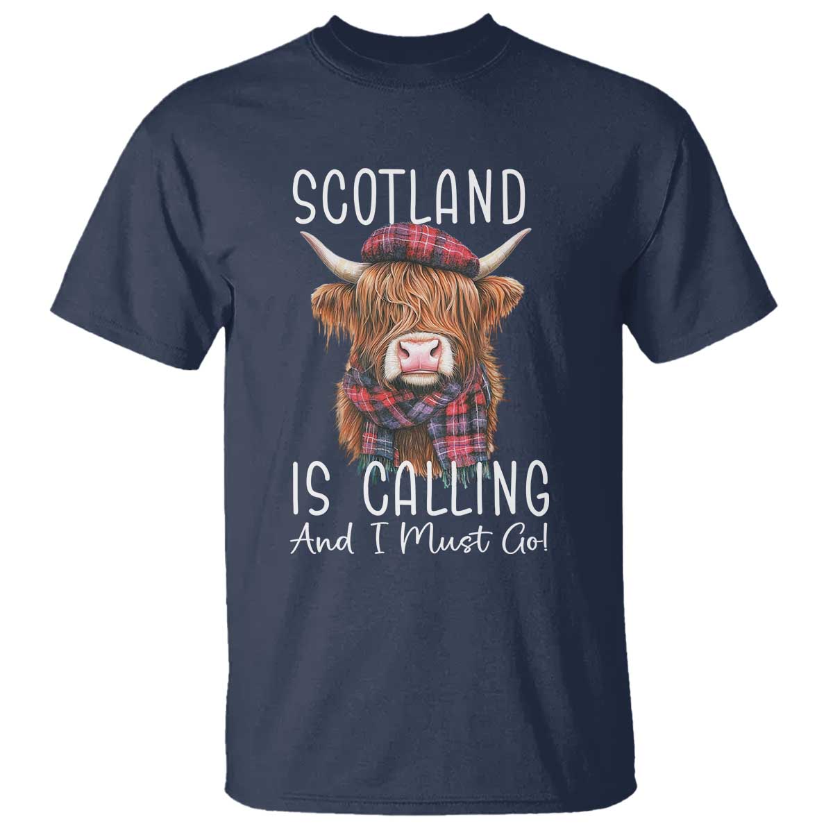 Funny Scotland Is Calling And I Must Go T Shirt Highland Cow TS11 Navy Print Your Wear