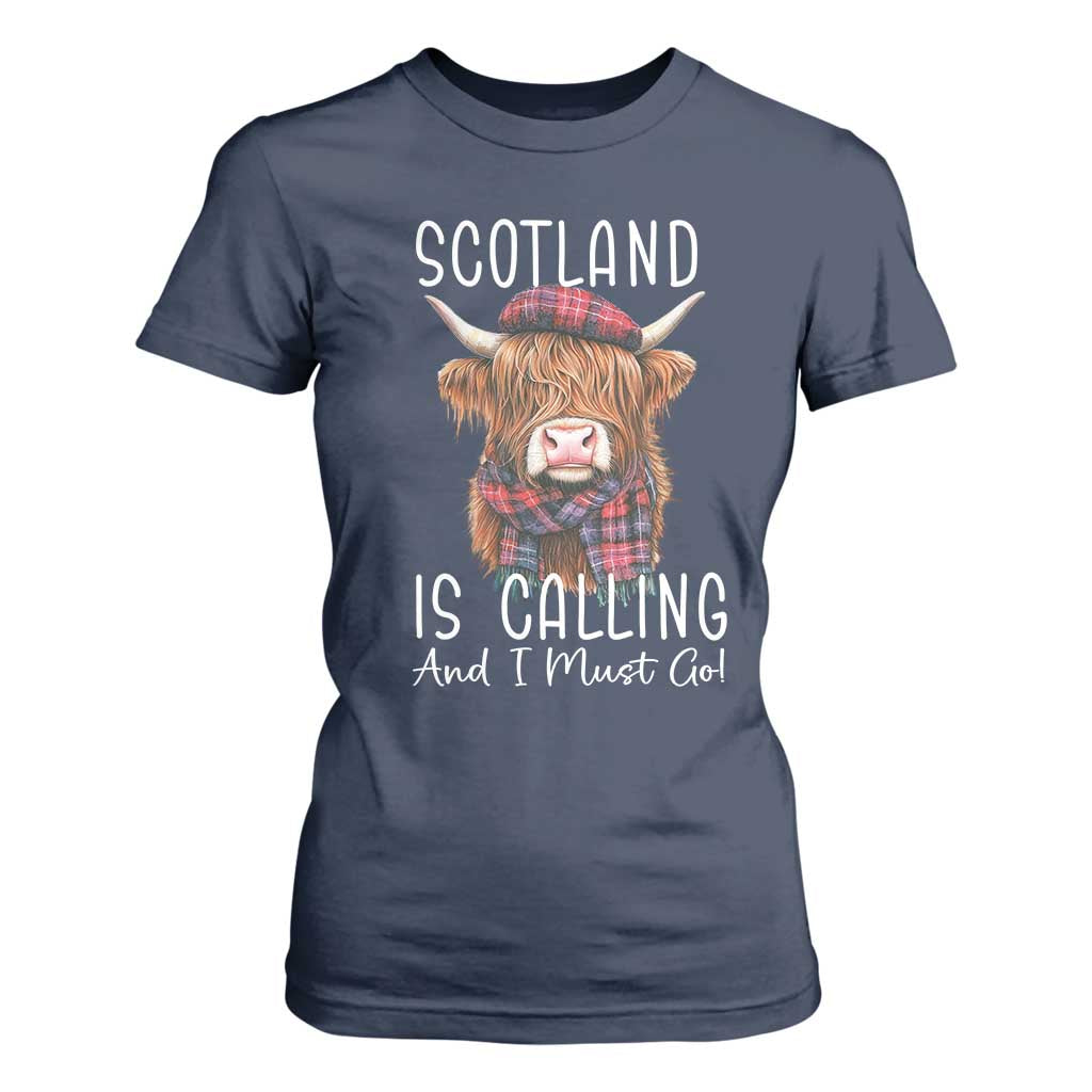 Funny Scotland Is Calling And I Must Go T Shirt For Women Highland Cow TS11 Navy Print Your Wear