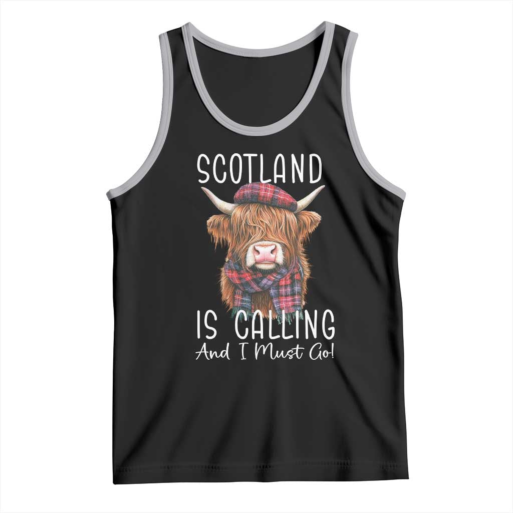 Funny Scotland Is Calling And I Must Go Tank Top Highland Cow TS11 Black Athletic Heather Print Your Wear