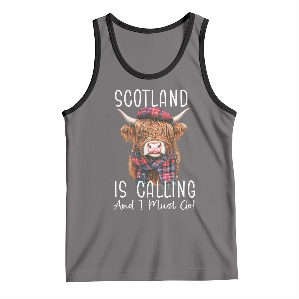 Funny Scotland Is Calling And I Must Go Tank Top Highland Cow TS11 Deep Heather Black Print Your Wear