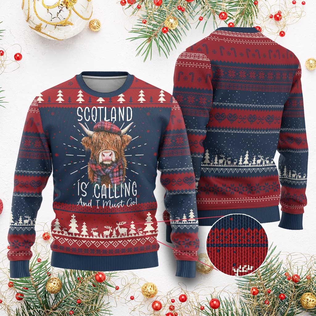 Funny Scotland Is Calling And I Must Go Ugly Christmas Sweater Highland Cow TS11 Burgundy Print Your Wear