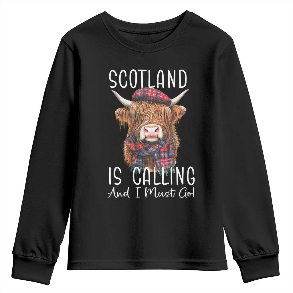 Funny Scotland Is Calling And I Must Go Youth Sweatshirt Highland Cow TS11 Black Print Your Wear