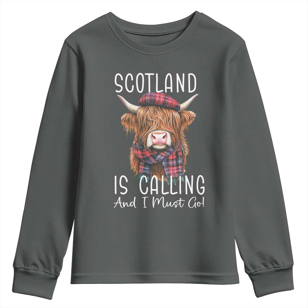 Funny Scotland Is Calling And I Must Go Youth Sweatshirt Highland Cow TS11 Dark Heather Print Your Wear
