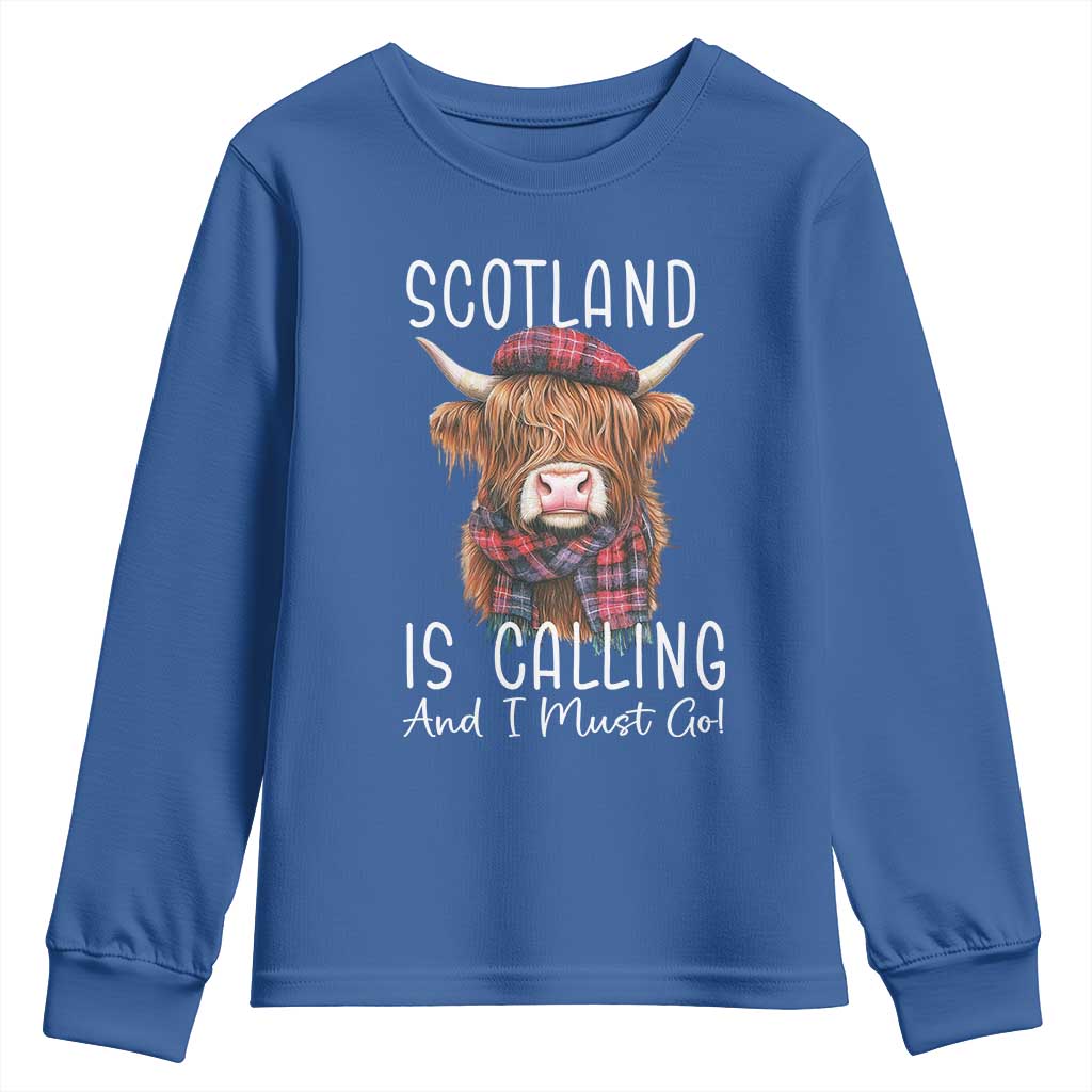 Funny Scotland Is Calling And I Must Go Youth Sweatshirt Highland Cow TS11 Royal Blue Print Your Wear