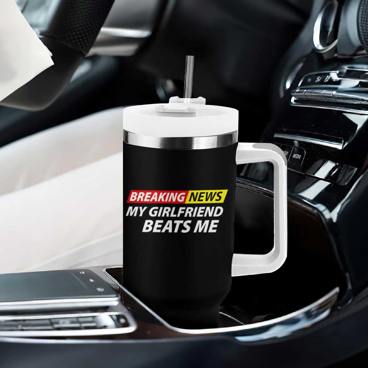 Funny Breaking News My Wife Beats Me Husband Tumbler With Handle TS11 Print Your Wear