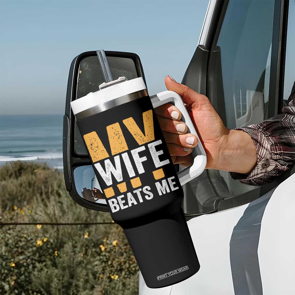 Funny My Wife Beats Me Husband Tumbler With Handle Vintage Text Sarcastic TS11 Print Your Wear