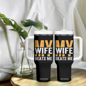 Funny My Wife Beats Me Husband Tumbler With Handle Vintage Text Sarcastic TS11 Print Your Wear