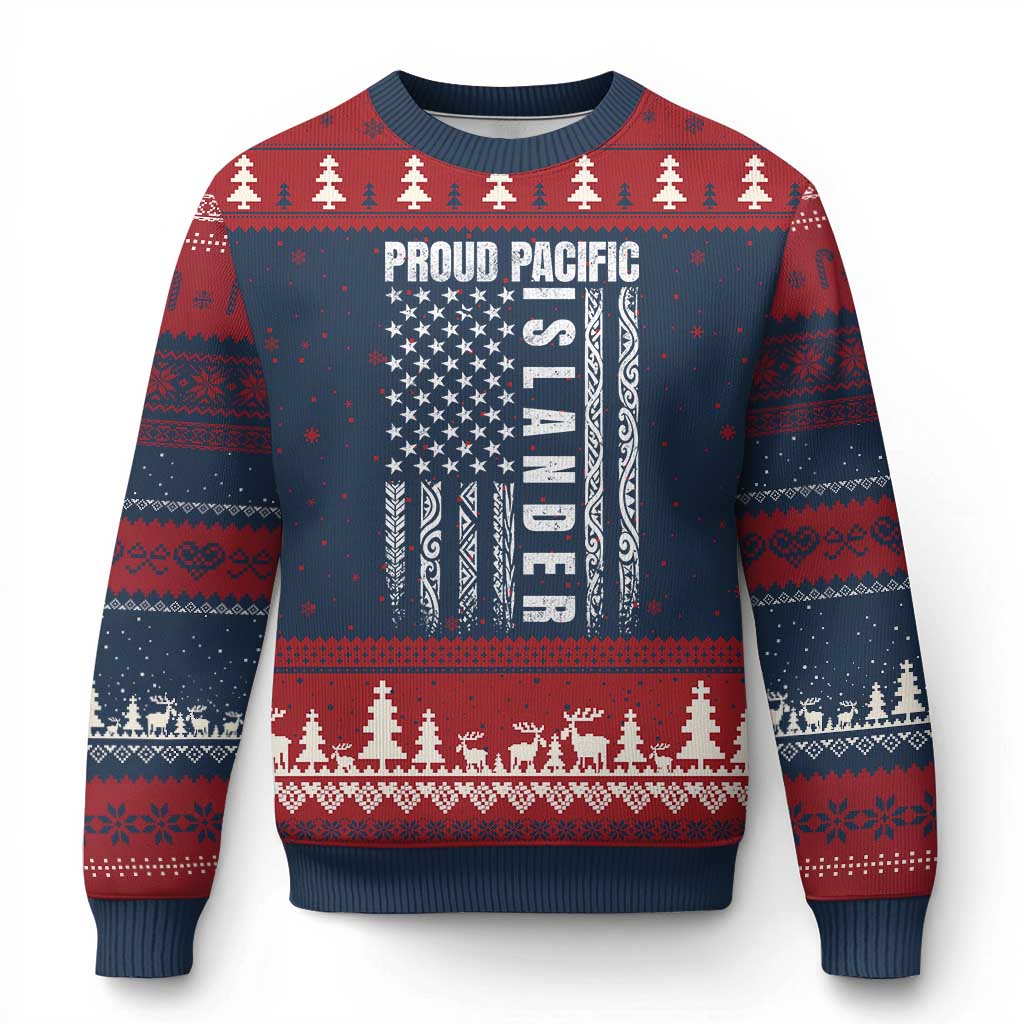 Proud Pacific Islander Ugly Christmas Sweater AAPI Heritage Month Polynesian Tribal American Flag TS11 Navy Red Print Your Wear