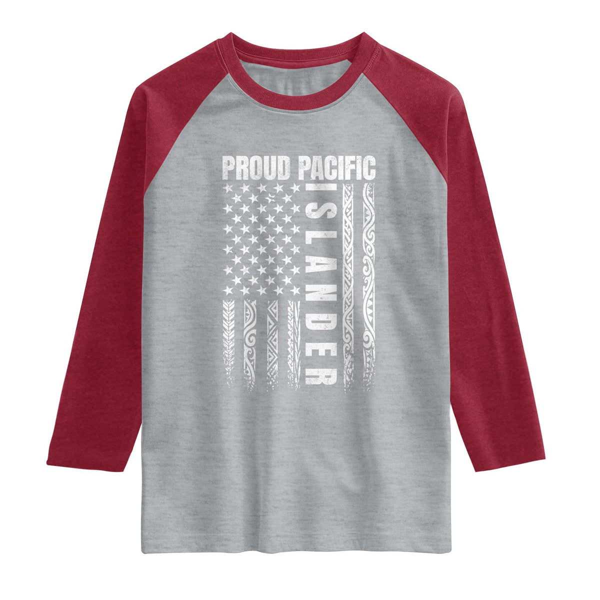 Proud Pacific Islander Raglan Shirt AAPI Heritage Month Polynesian Tribal American Flag TS11 Heather Gray Heather Red Print Your Wear