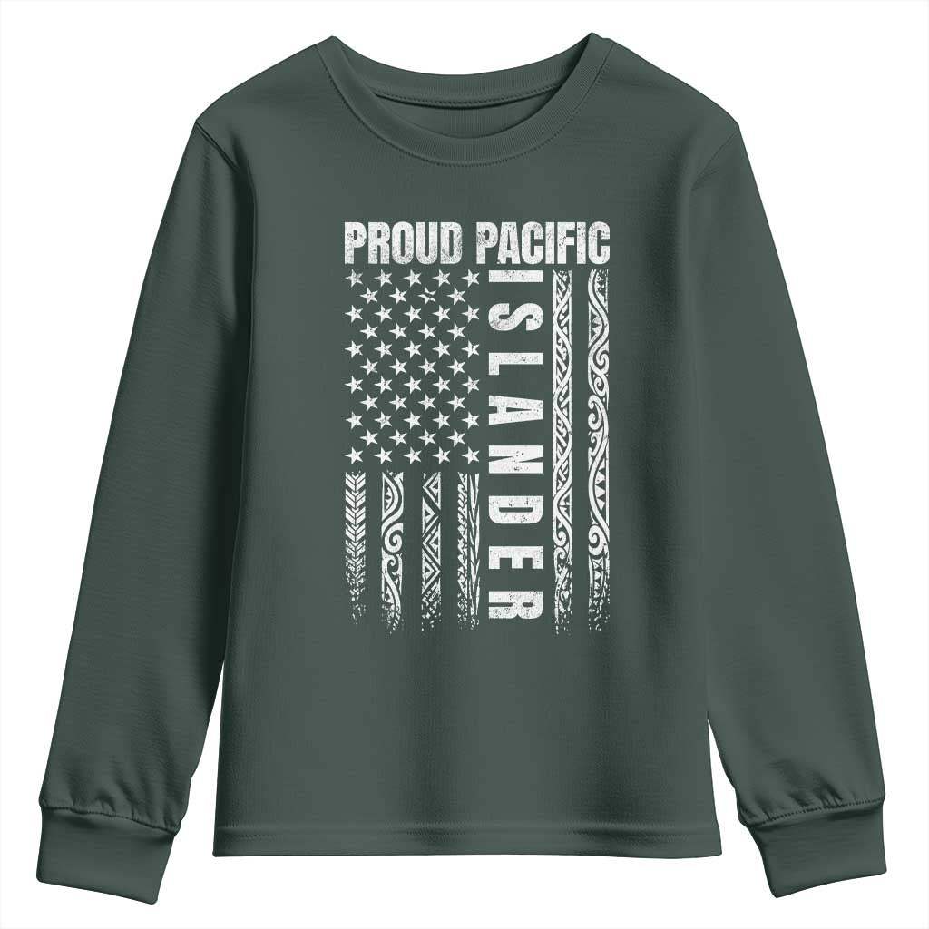 Proud Pacific Islander Youth Sweatshirt AAPI Heritage Month Polynesian Tribal American Flag TS11 Dark Forest Green Print Your Wear
