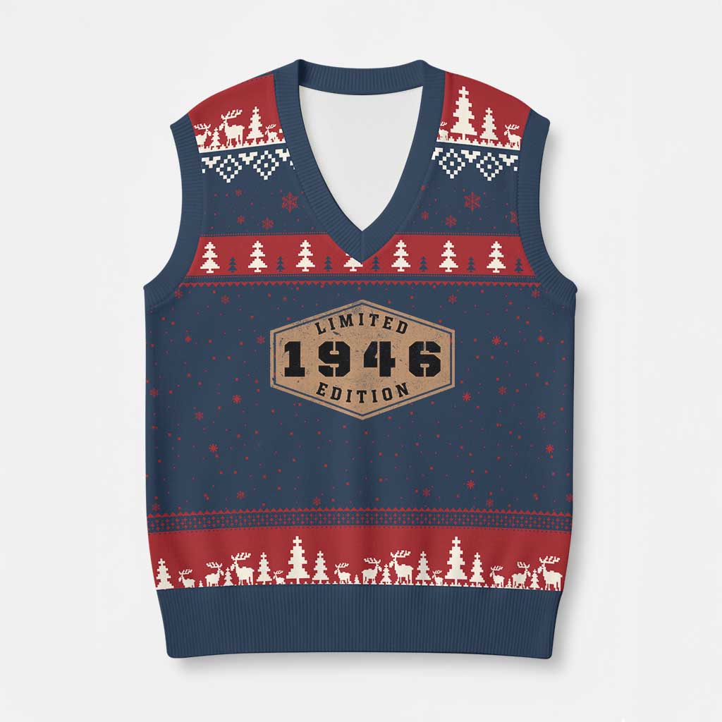 80th Birthday V-Neck Knit Sweater Vest 1946 Limited Edition Gifts For Turning 80 TS11 Navy Red Print Your Wear