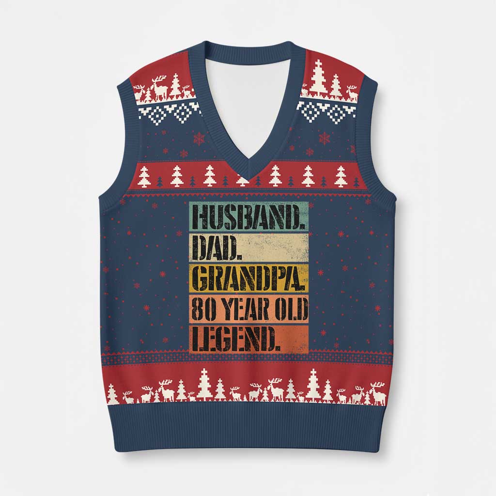 Husband Dad Grandpa 80 Year Old Legend V-Neck Knit Sweater Vest Funny 80th Birthday Fathers Day TS11 Navy Red Print Your Wear