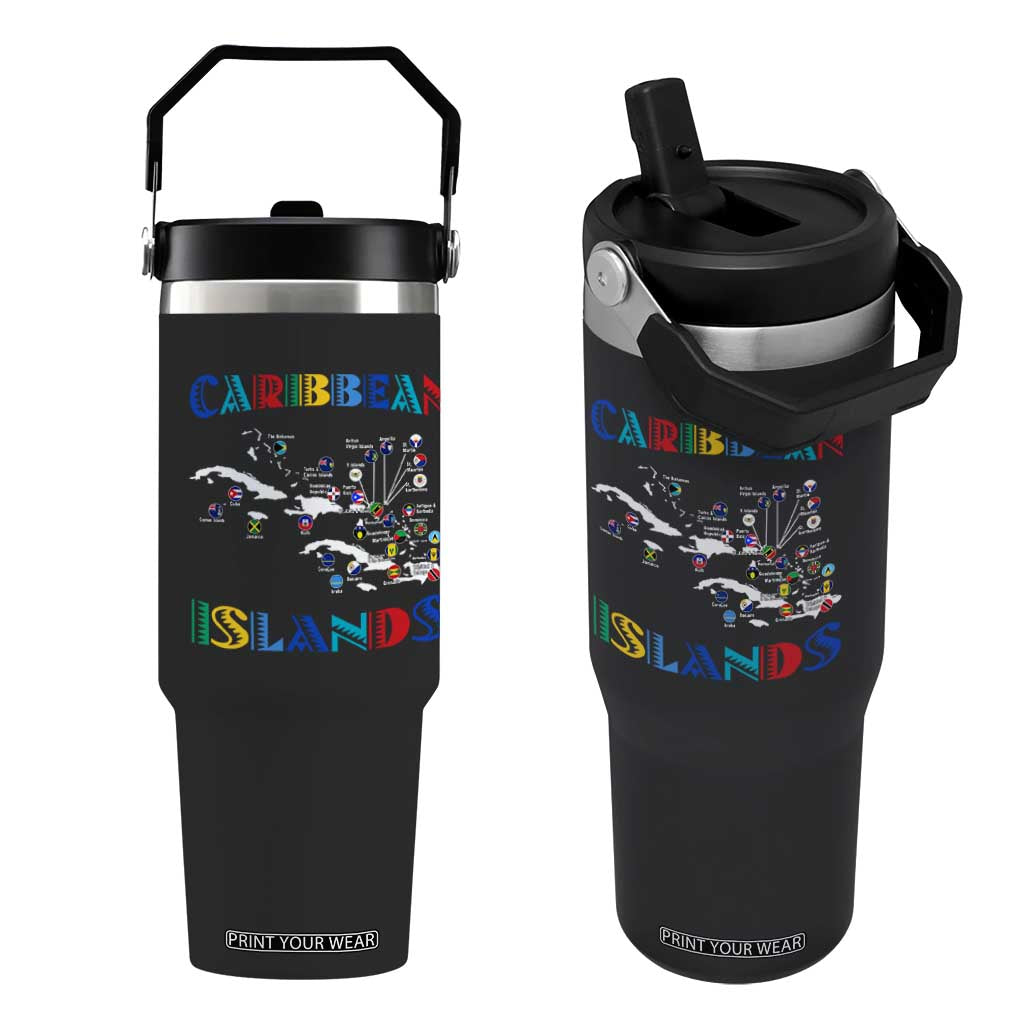 Caribbean Islands Flip Straw Tumbler Caribbean Sea Tour Map Flag TS11 One Size: 30 oz Black Print Your Wear