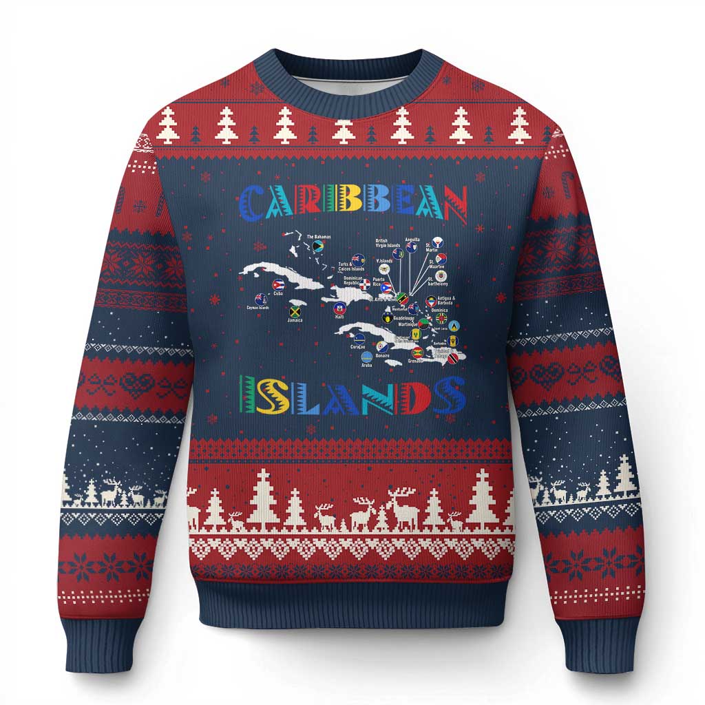 Caribbean Islands Ugly Christmas Sweater Caribbean Sea Tour Map Flag TS11 Navy Red Print Your Wear