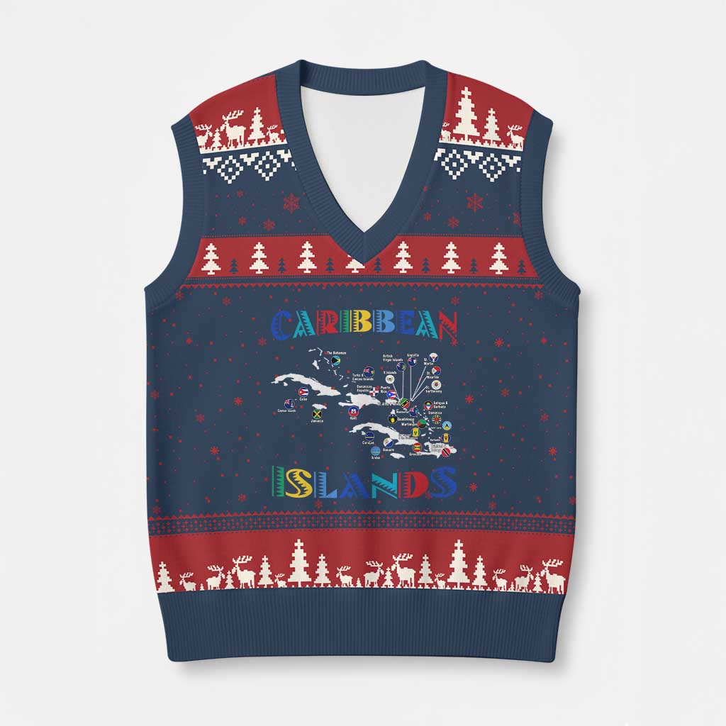 Caribbean Islands V-Neck Knit Sweater Vest Caribbean Sea Tour Map Flag TS11 Navy Red Print Your Wear