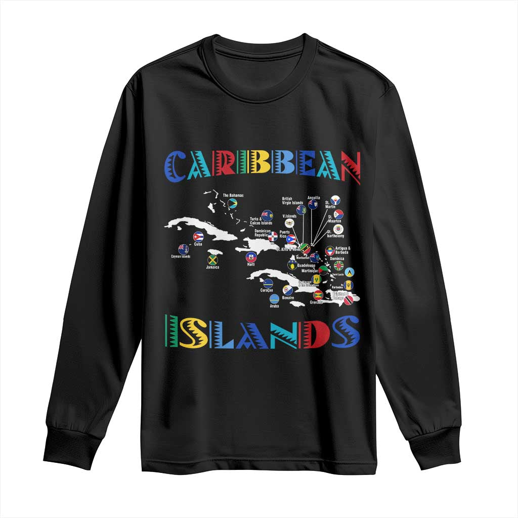 Caribbean Islands Long Sleeve Shirt Caribbean Sea Tour Map Flag TS11 Black Print Your Wear