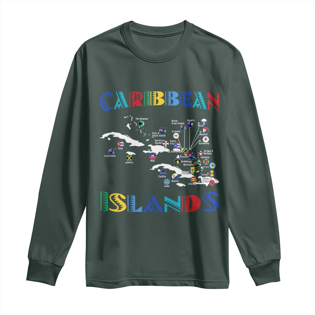 Caribbean Islands Long Sleeve Shirt Caribbean Sea Tour Map Flag TS11 Dark Forest Green Print Your Wear