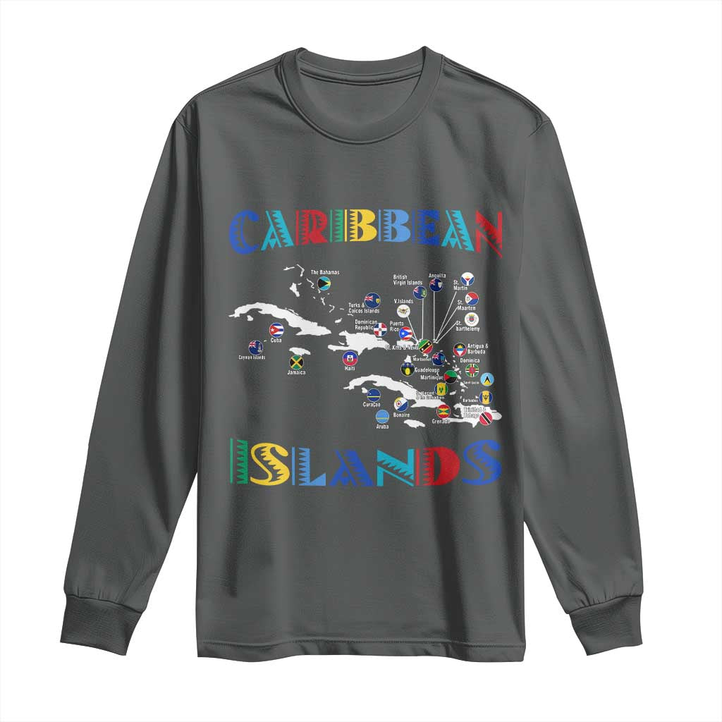 Caribbean Islands Long Sleeve Shirt Caribbean Sea Tour Map Flag TS11 Dark Heather Print Your Wear