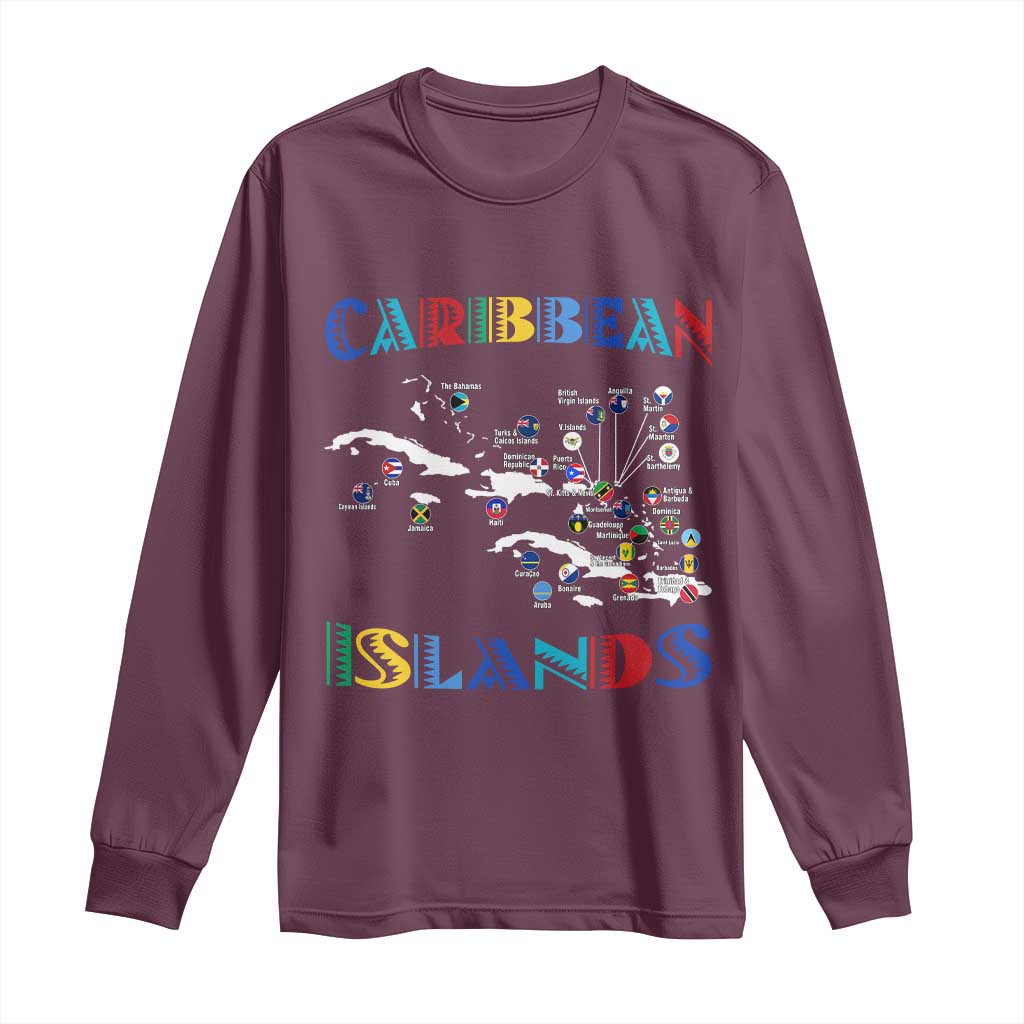 Caribbean Islands Long Sleeve Shirt Caribbean Sea Tour Map Flag TS11 Maroon Print Your Wear