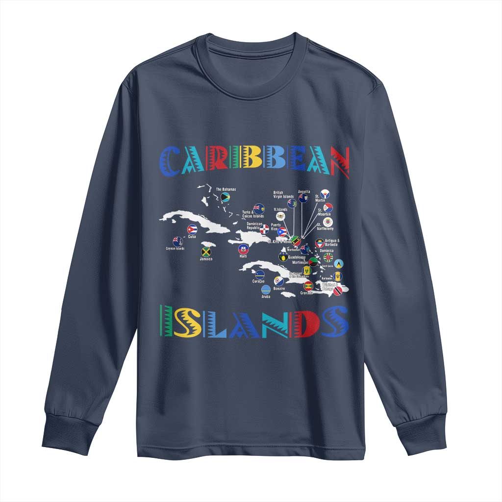 Caribbean Islands Long Sleeve Shirt Caribbean Sea Tour Map Flag TS11 Navy Print Your Wear