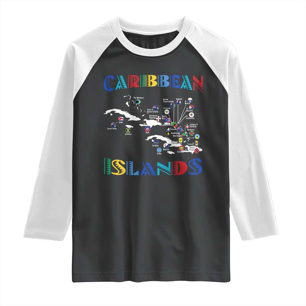Caribbean Islands Raglan Shirt Caribbean Sea Tour Map Flag TS11 Black White Print Your Wear