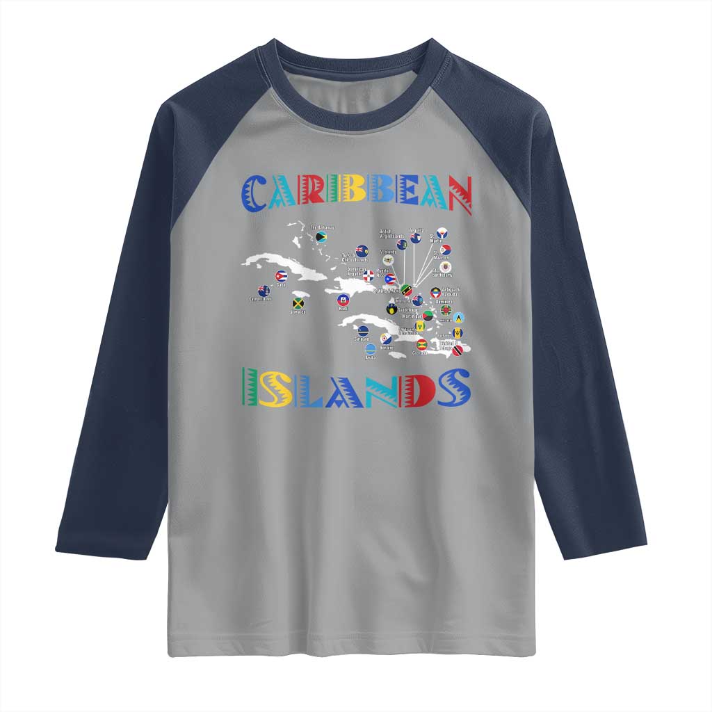 Caribbean Islands Raglan Shirt Caribbean Sea Tour Map Flag TS11 Sport Gray Navy Print Your Wear
