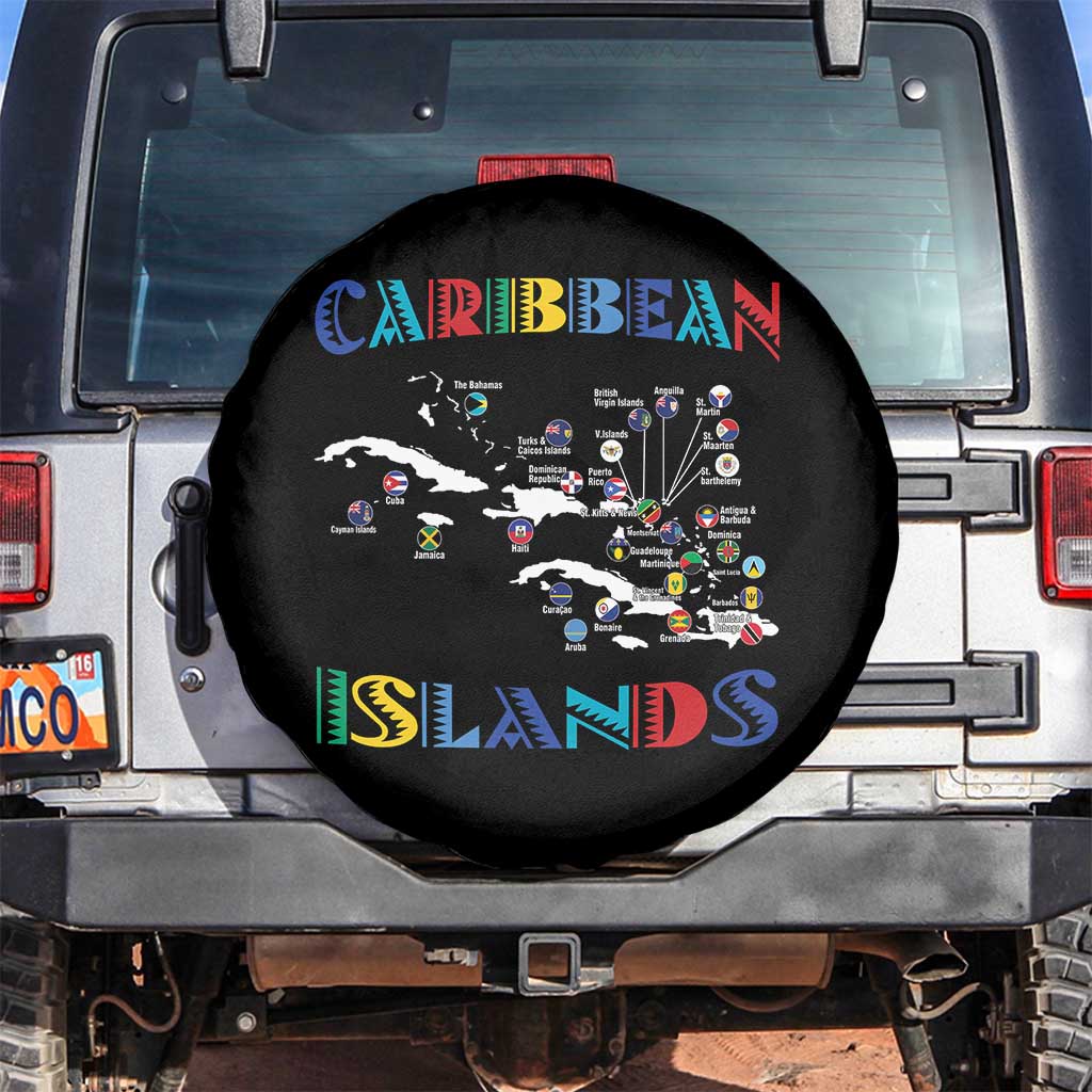 Caribbean Islands Spare Tire Cover Caribbean Sea Tour Map Flag TS11 No hole Black Print Your Wear